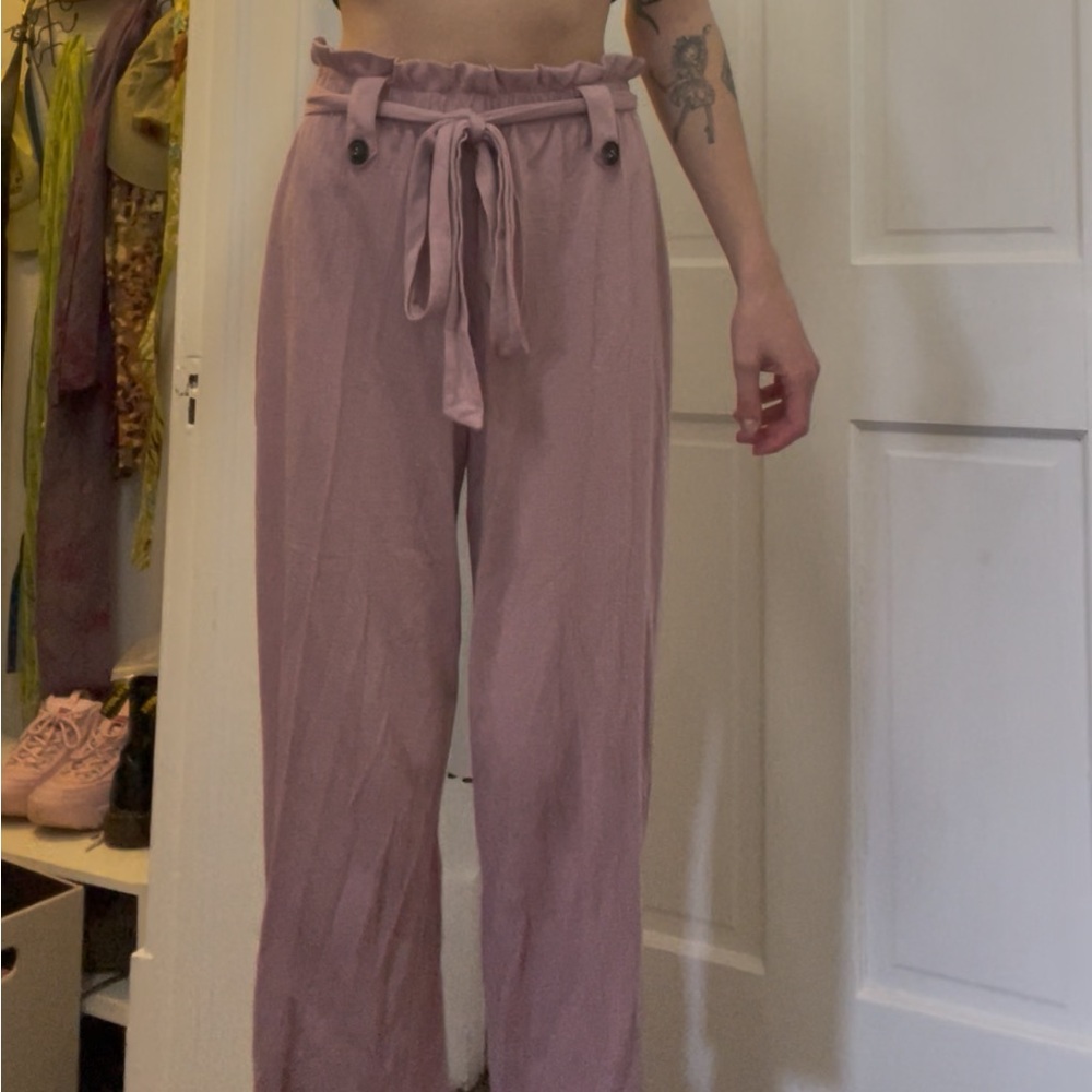 Pink High-Waisted Tie Pants
